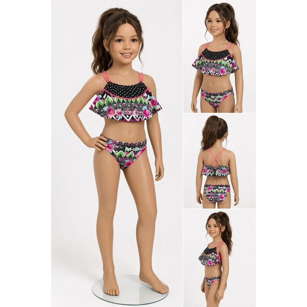 Wonder Nation Girls Pink Parade Floral Geometric Flounce Bikini Swimsuit L 10-12